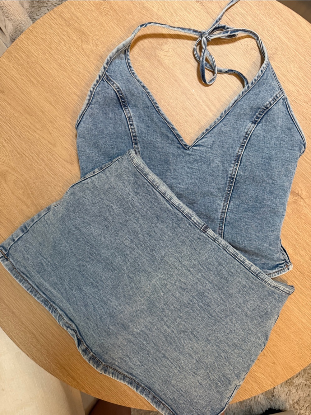 Garage Light Blue Denim Halter Top & Mini Skirt Set